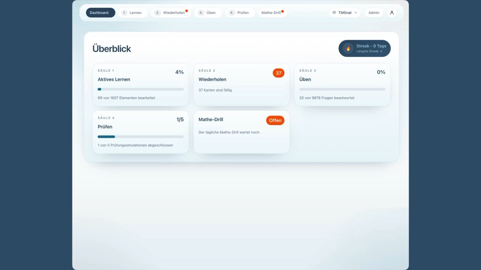 TMSnat Vorbereitung: Dashboard der Lernplattform mit Lernen, Wiederholen, Üben und Prüfen